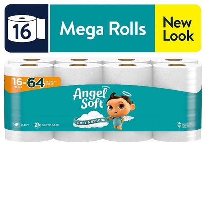 Angel Soft Toilet Paper, 16 Mega Rolls = 64 Regular Rolls, 2-Ply Bath Tissue