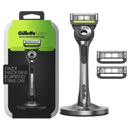Gillette Labs Exfoliating Bar Razor + 3 Razor Blade Refills, Travel Case & Premium Magnetic Stand