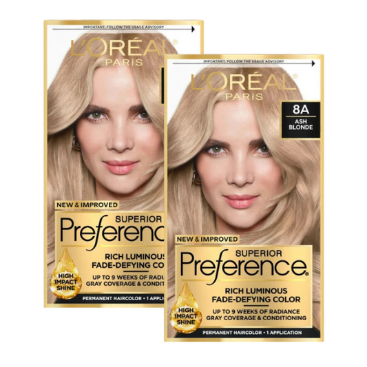 L'Oreal Paris Superior Preference Hair Color 8A Ash Blonde, 2 Pack