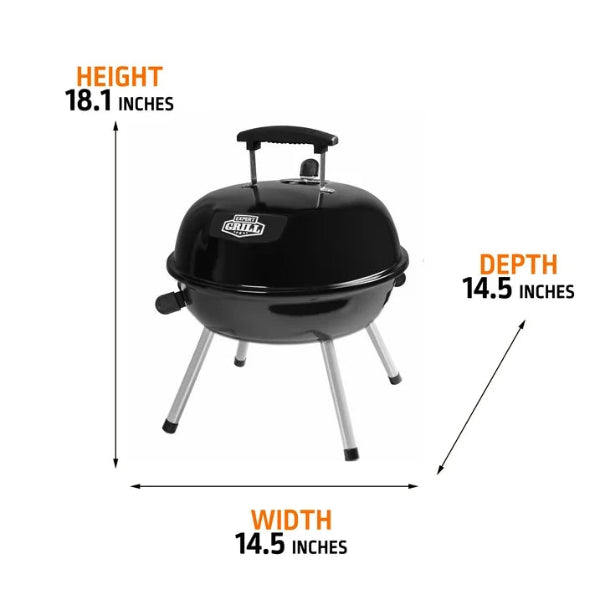 Black portable grill with measurements on a white background
