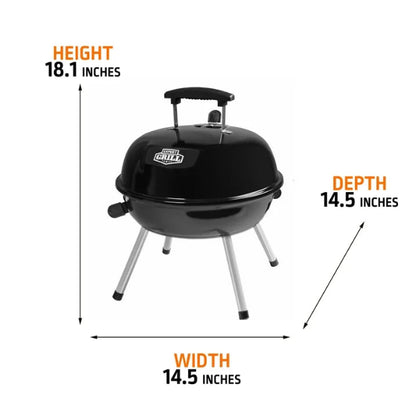 Black portable grill with measurements on a white background