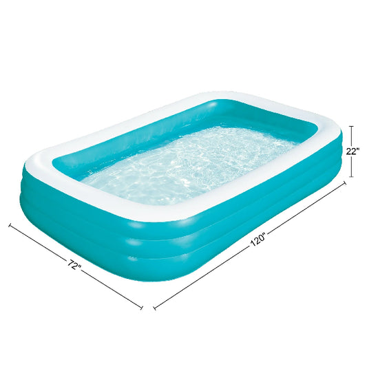 Inflatable pool with dimensions on a white background