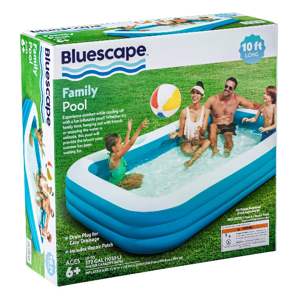 Bluescape inflatable family pool packaging with family playing around it.