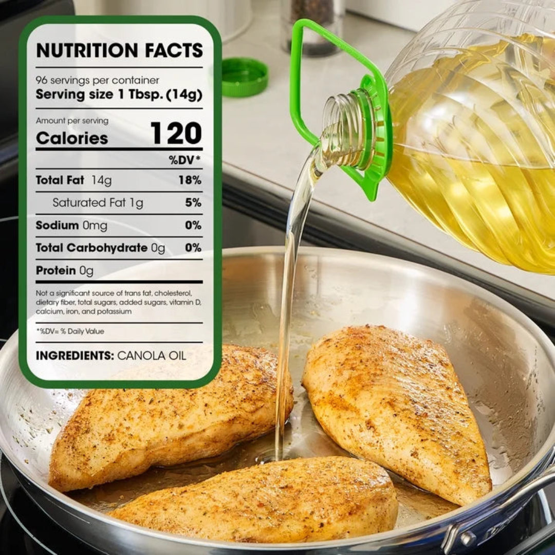 Cooking scene with chicken breasts and a bottle of oil, featuring nutrition facts label.
