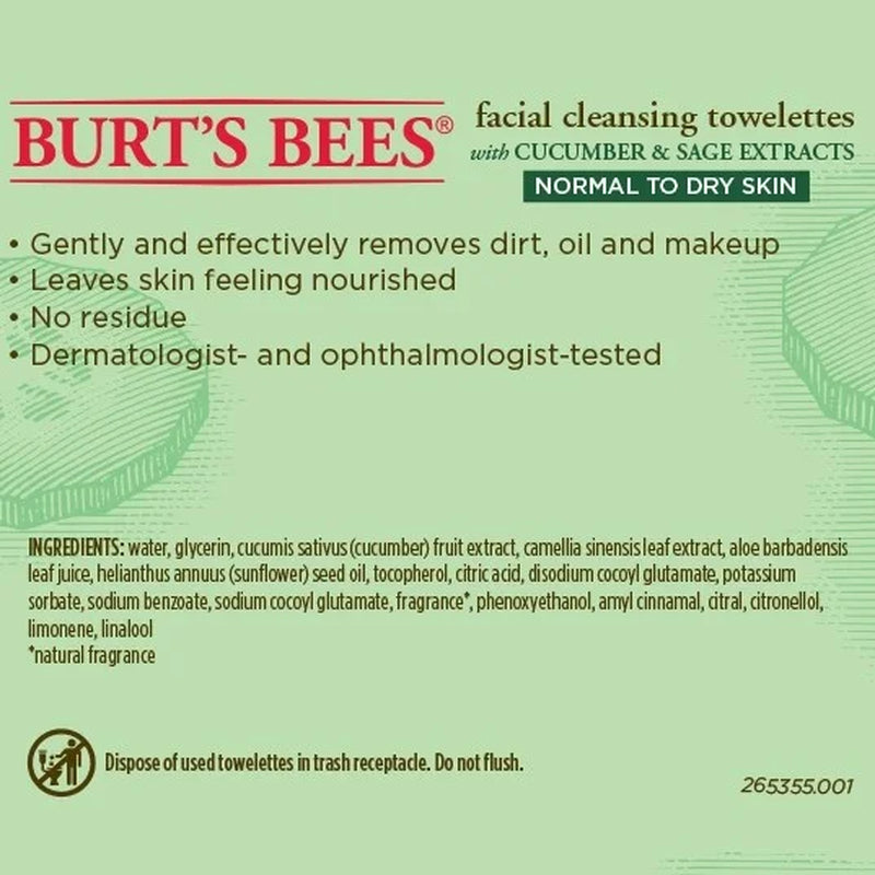 Burt'S Bees Facial Cleansing Towelettes, Cucumber and Sage, 30 Ct