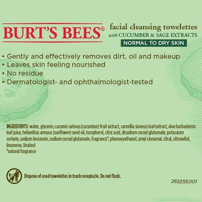 Burt'S Bees Facial Cleansing Towelettes, Cucumber and Sage, 30 Ct