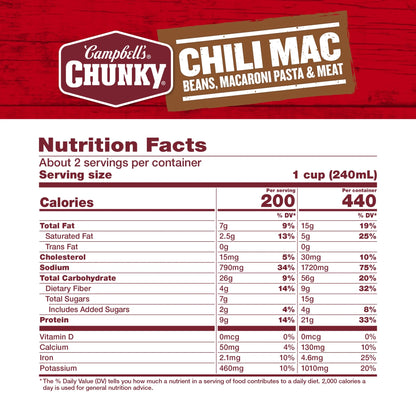 Campbell’s Chunky Chili Mac Soup with Beef & Beans, 18.8 oz Can
