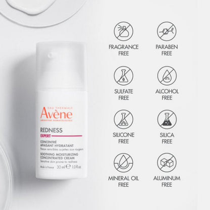 Avene skincare product with free-from icons on a white background