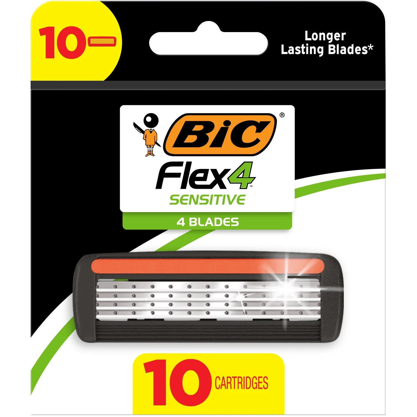 BIC Flex 4 Refillable Razor Cartridges for Men, 4 Blade Heads for Sensitive Skin, 10 Pack