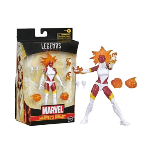 Marvel Legends Collection 6-inch-scale Marvel's Binary action figure by Hasbro, packaged in a display-friendly window box with the character holding a gun and wearing a white and orange suit.