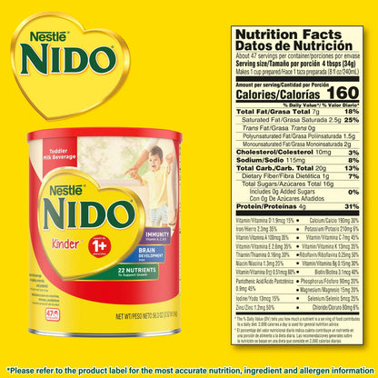NIDO Kinder Toddler Milk Powder, 12 x 12.6 oz, 120 Servings