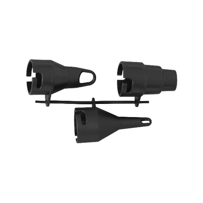 Three black plastic components on a white background