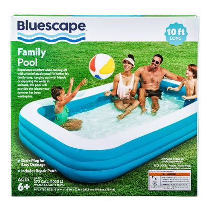 Bluescape inflatable family pool packaging with a family playing in the pool.