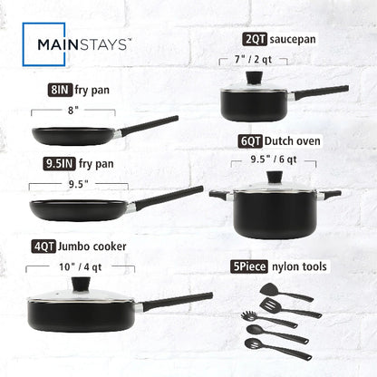 13 Piece Nonstick Aluminum Alloy Cookware Set, Black - Mainstays