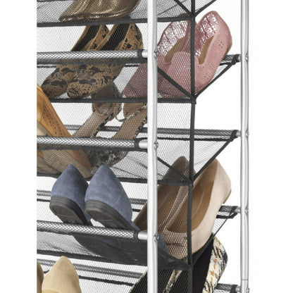Mesh shoe rack with various shoes on a white background