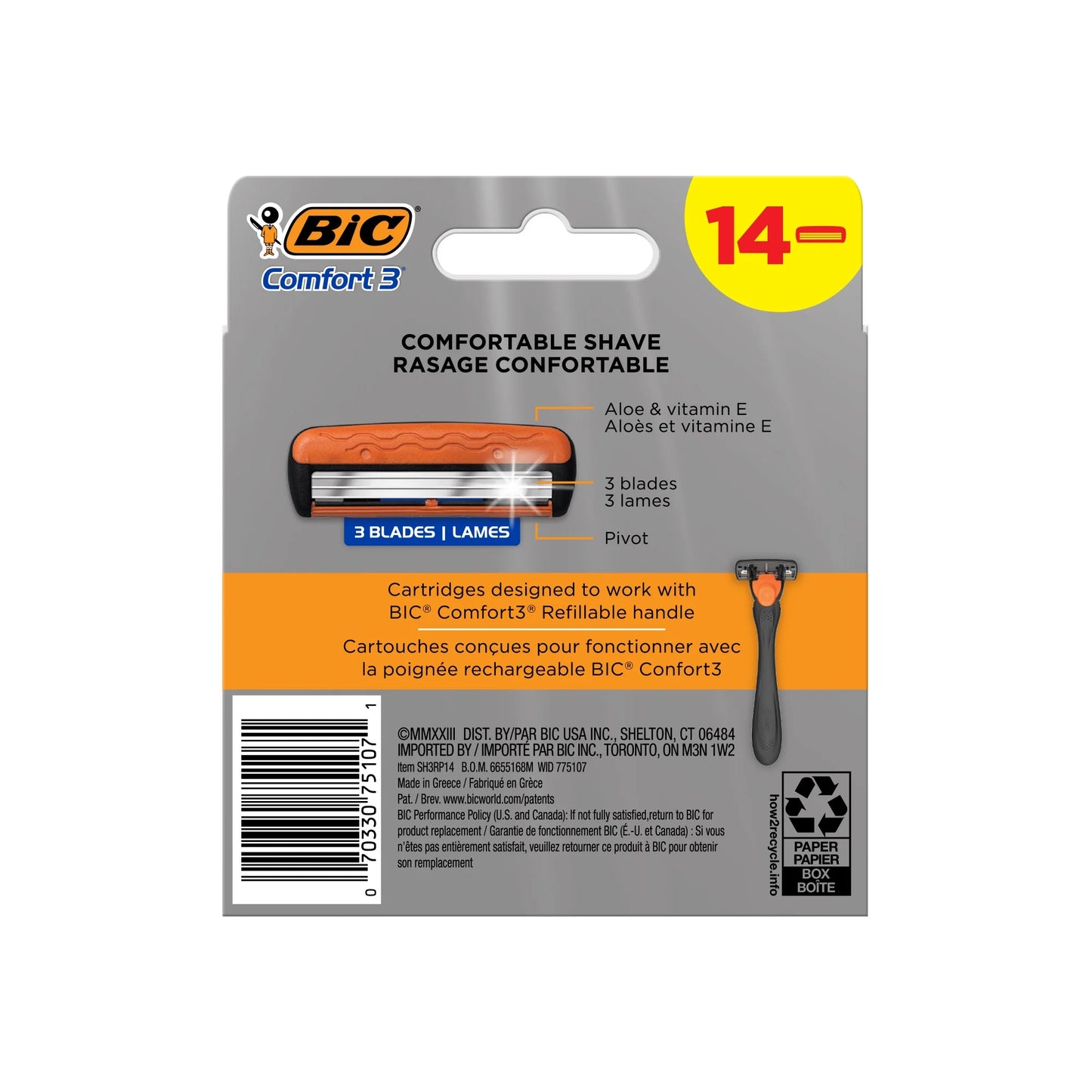 BIC Comfort 3 Refillable Refill Razor Cartridges, 3 Blades, 14 Razor Refill Cartridges for Manual Shaving Razors