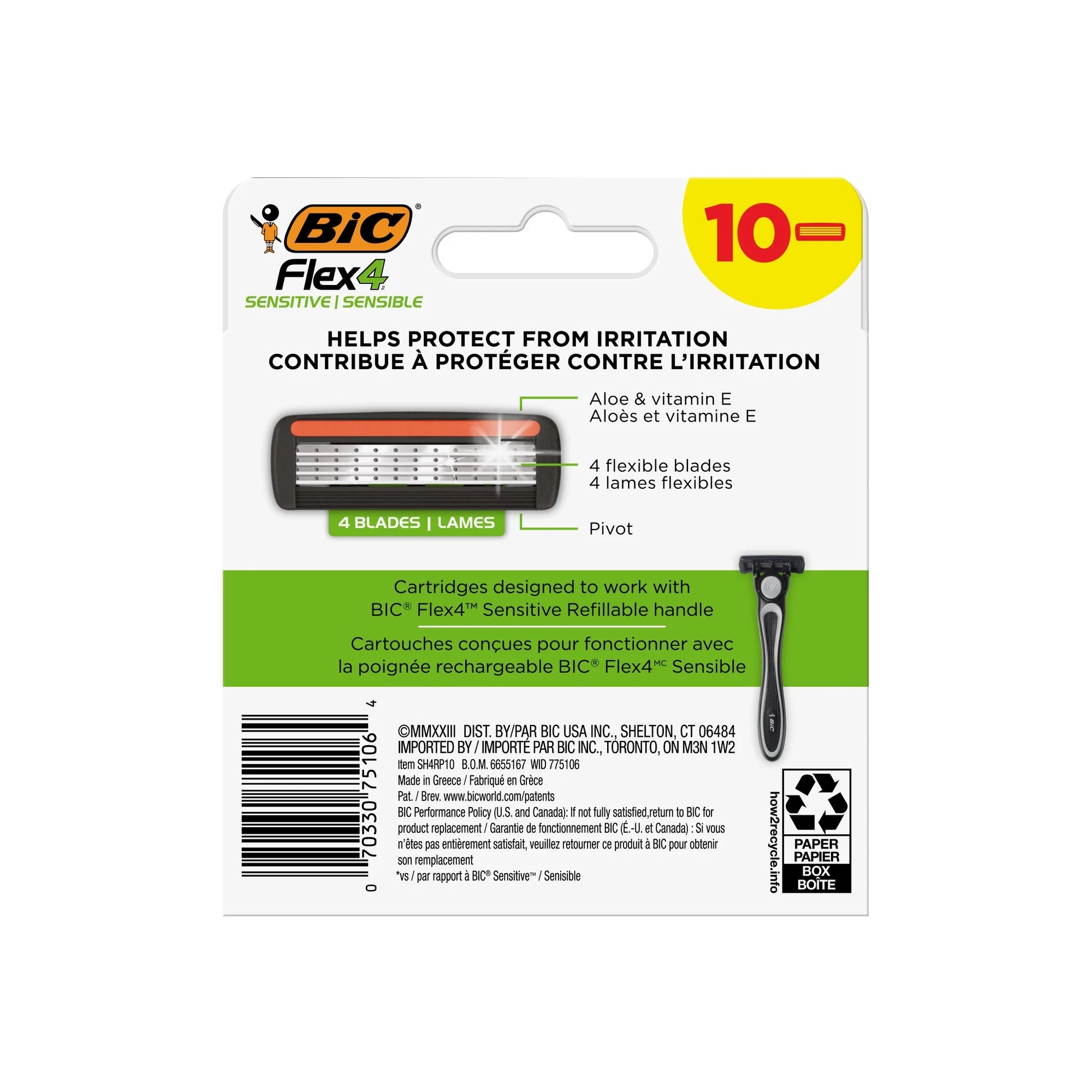 BIC Flex 4 Refillable Razor Cartridges for Men, 4 Blade Heads for Sensitive Skin, 10 Pack