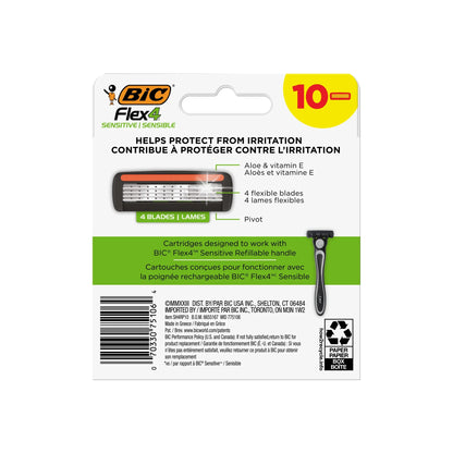 BIC Flex 4 Refillable Razor Cartridges for Men, 4 Blade Heads for Sensitive Skin, 10 Pack