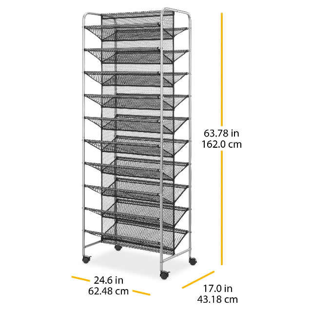 10 Tier 60 Pair Metal and Mesh Rolling Shoe Rack Mainstays