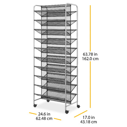 10 Tier 60 Pair Metal and Mesh Rolling Shoe Rack Mainstays