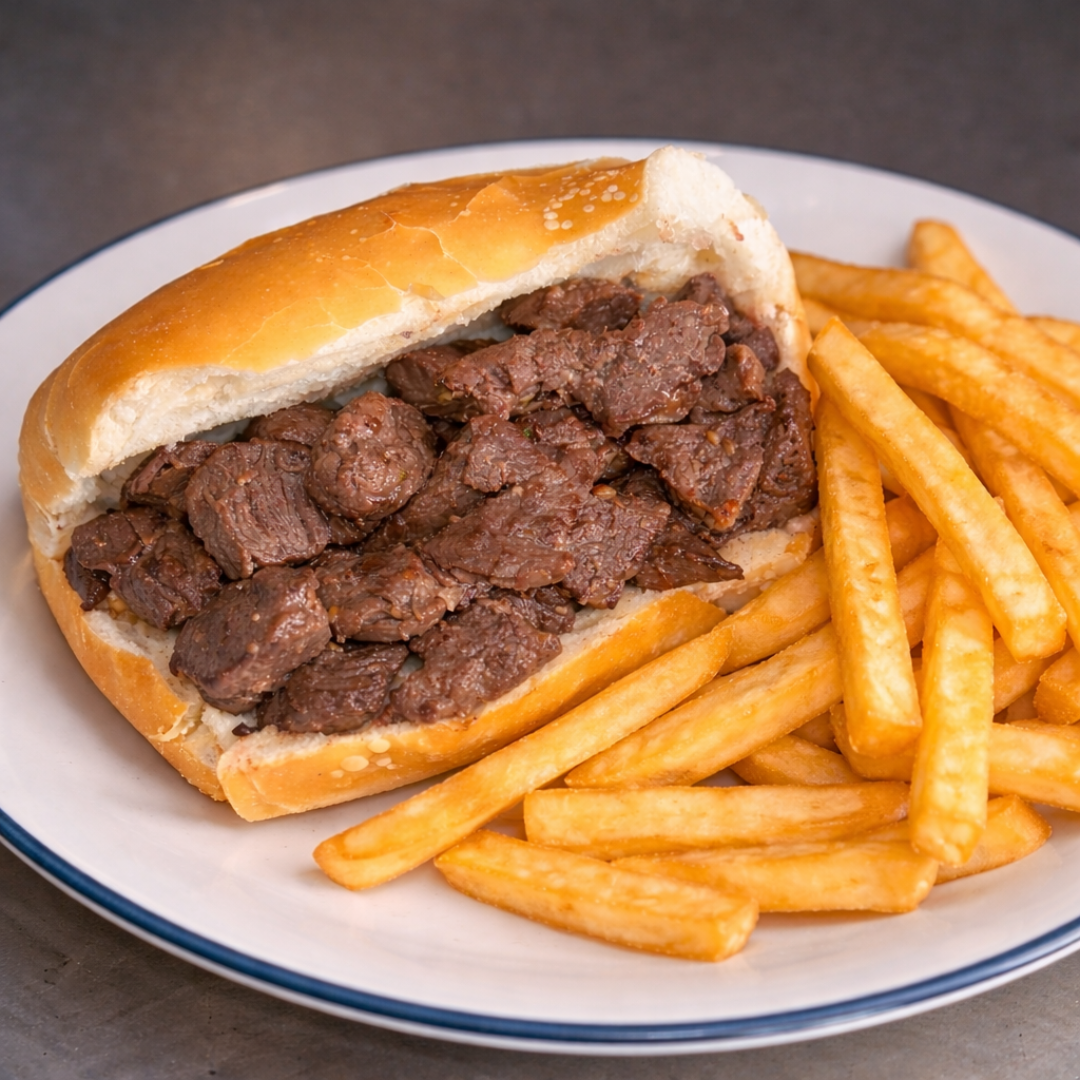 Beef sandwich with fries on a white plate with blue rim