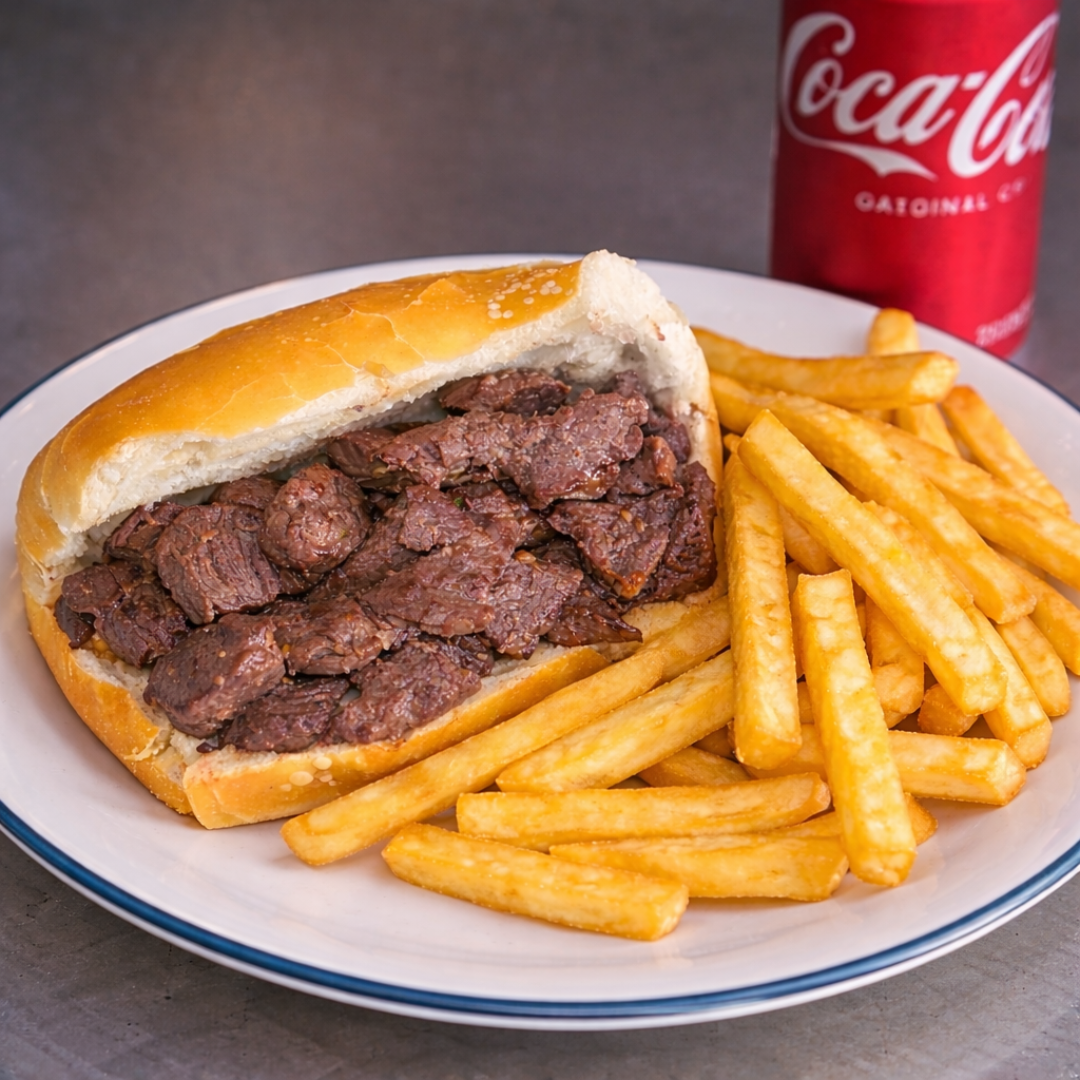Hamburger with fries on a plate next to a Coca-Cola can
