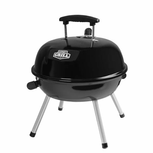 Black portable grill with a brand logo on a white background