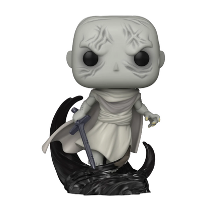 Funko Pop! vinyl figure of a character with a white face and black eyes, holding a sword, on a white background.