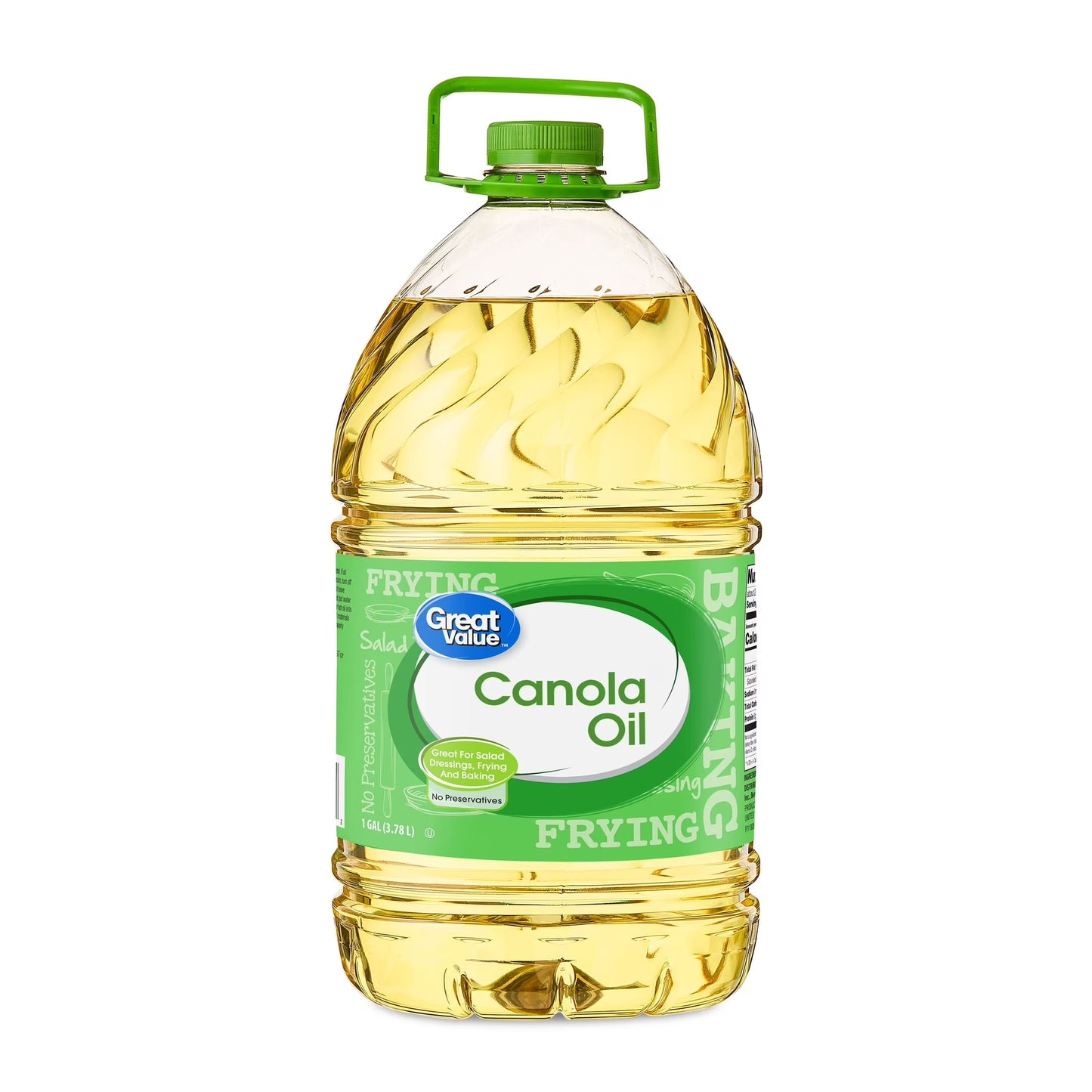 Bottle of Great Value Canola Oil on a white background