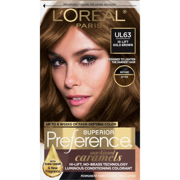 Packaging of L'Oreal Superior Preference hair color in shade UL63 Hi-Lift Gold Brown, showing the product name, shade number, and an image of a woman with caramel brown hair.