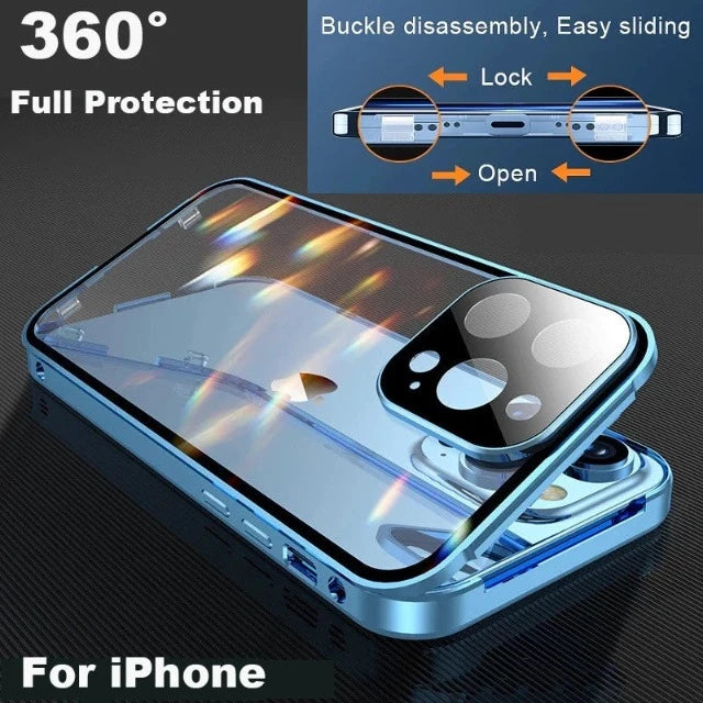 360° Full Protection Metal Magnetic Double Sided Glass Snap Lock Case for iPhone