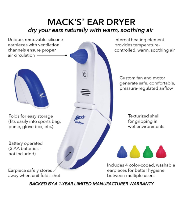 Mack's Ear Dryer - Soothing Electronic Warm Air Ear Dryer for Swimming, Showering, Water Sports, Surfing, Scuba and Hearing Aid Use