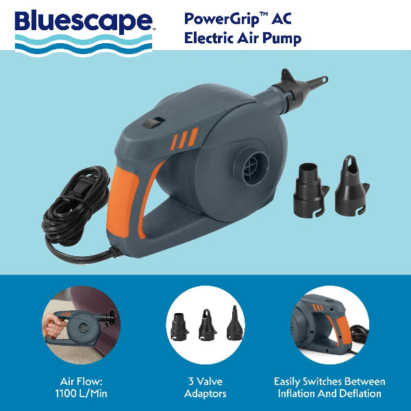 Bluescape PowerGrip AC Electric Air Pump with features highlighted on a blue background