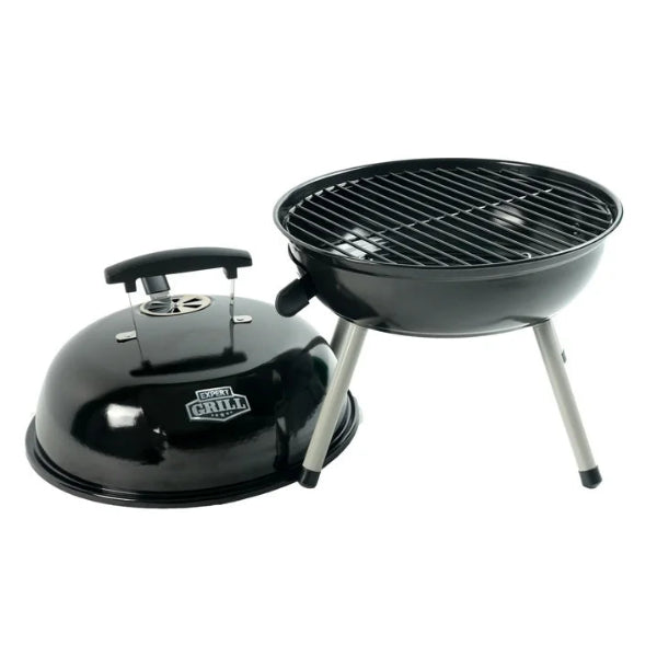 Black portable grill with dome lid on a white background