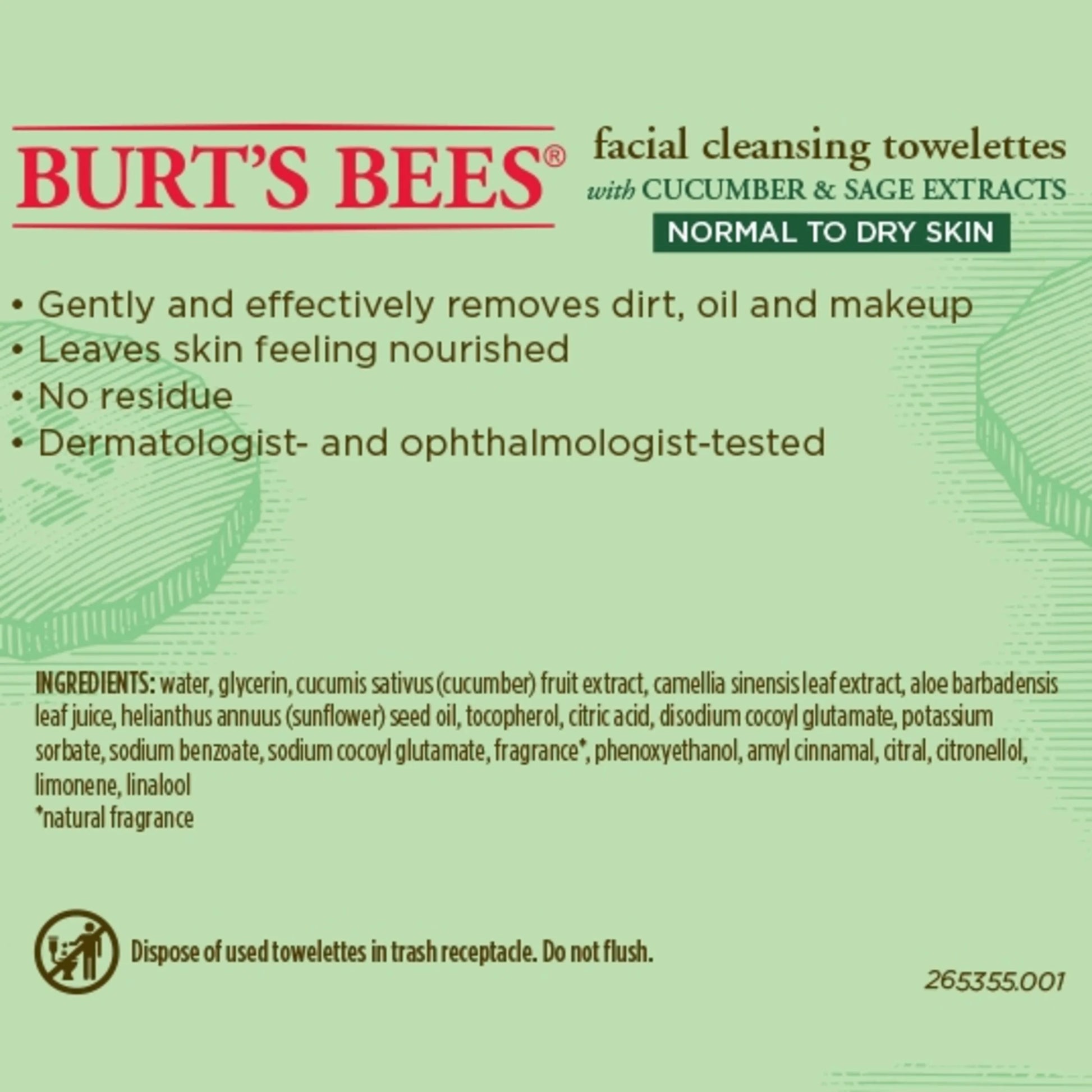 Burt'S Bees Facial Cleansing Towelettes, Cucumber and Sage, 30 Ct