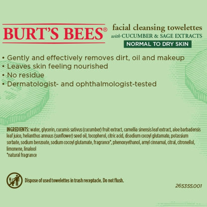 Burt'S Bees Facial Cleansing Towelettes, Cucumber and Sage, 30 Ct