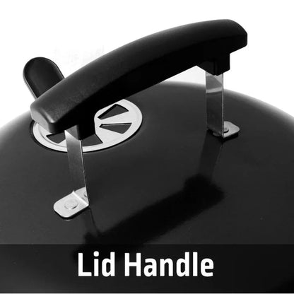 Black lid handle on a barbecue grill with visible brand logo.