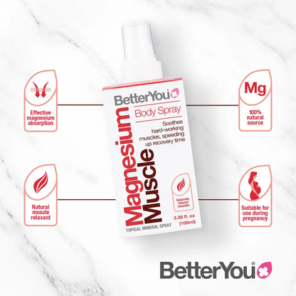 Betteryou Magnesium Muscle Body Spray - Relaxing Topical Magnesium and Essential Oil Spray - Lavender and Chamomile - Promotes Better Sleep - 3.38 Oz