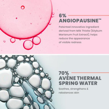 Product ingredients with pink ingredient droplet and bubbles, and text about Angiopausine and Avene Thermal Spring Water.