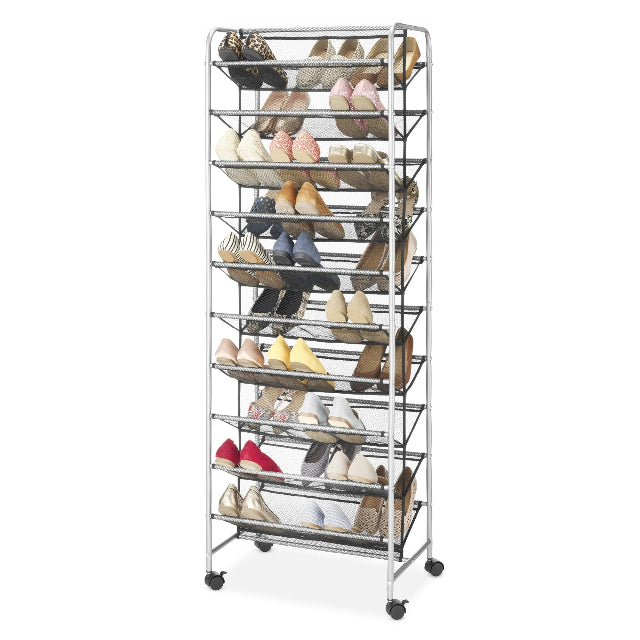 10 Tier 60 Pair Metal and Mesh Rolling Shoe Rack Mainstays