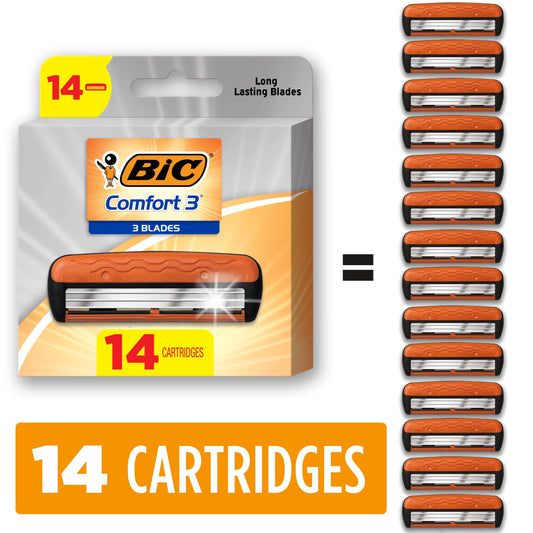 BIC Comfort 3 Refillable Refill Razor Cartridges, 3 Blades, 14 Razor Refill Cartridges for Manual Shaving Razors