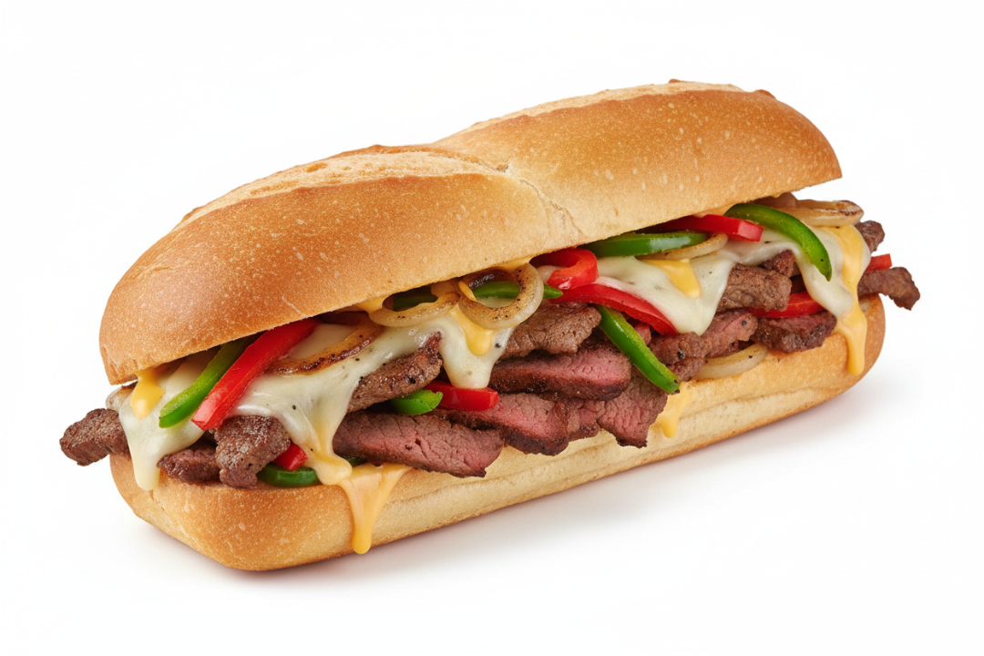 Steak sub with cheese, peppers, and onions on a white background