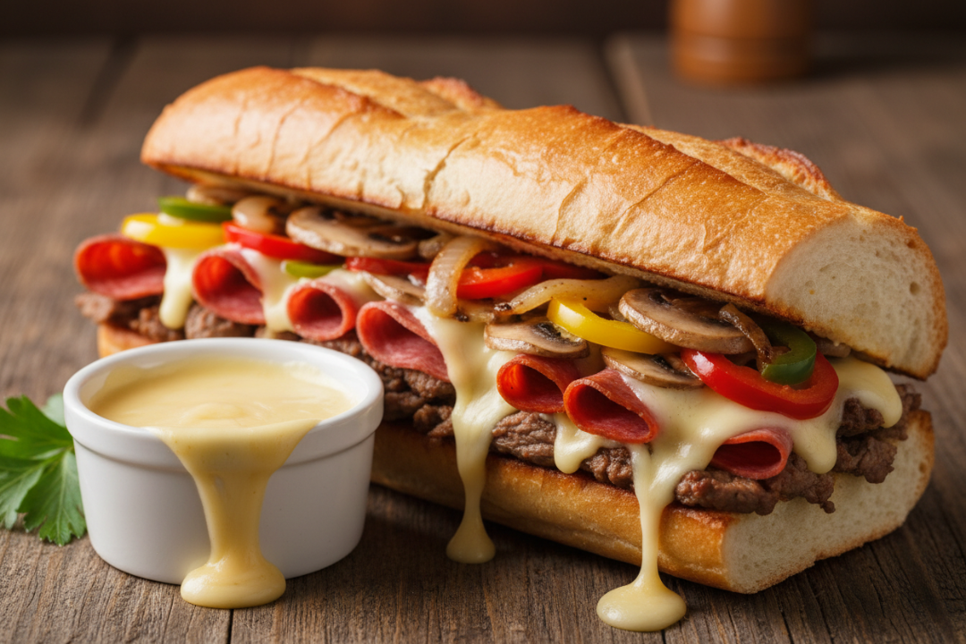 Submarine sandwich with various meats, vegetables, and cheese on a wooden surface with a side of sauce.