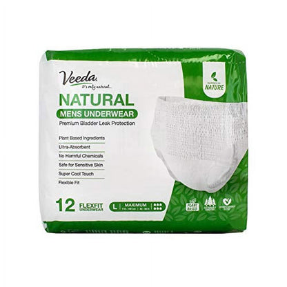 Veeda Natural Premium Incontinence Underwear for Men, for Bladder Leakage Protection, Maximum Absorbency, Large Size, 12 Count